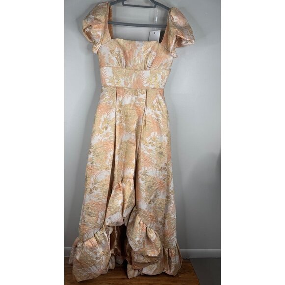 NWT MAC DUGGAL 68276 Floral Brocade Evening Gown Size 16 Puff Sleeve Peach Gold - Picture 5 of 11